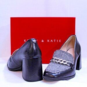 Kelly & Katie Tonnia- Preppy Loafer Tweed Chunky Heels Black/White w Chain NIB